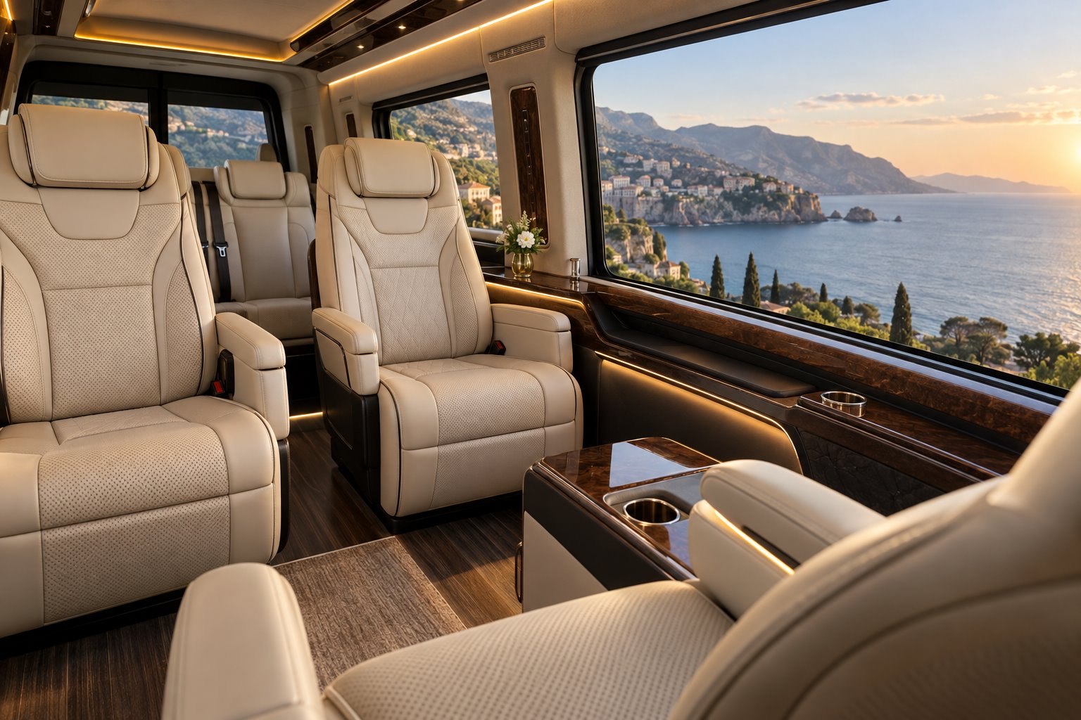 Illustrative VIP vehicle interior with light leather seats