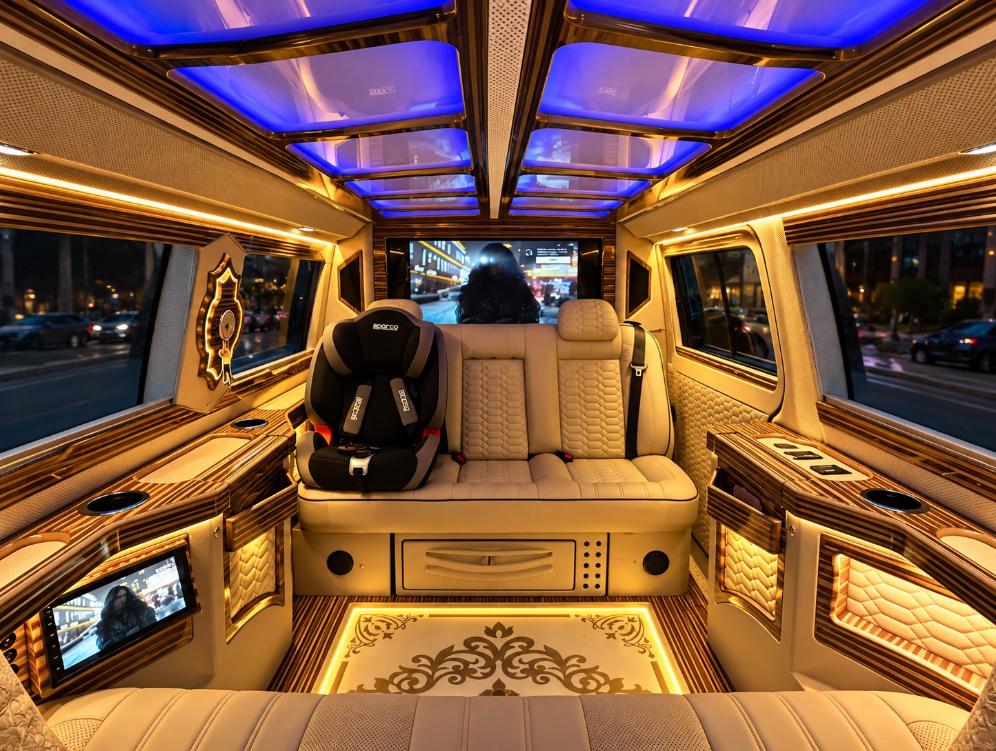 VIP van cabin with a child seat, screen, cream leather seating and ambient lighting.